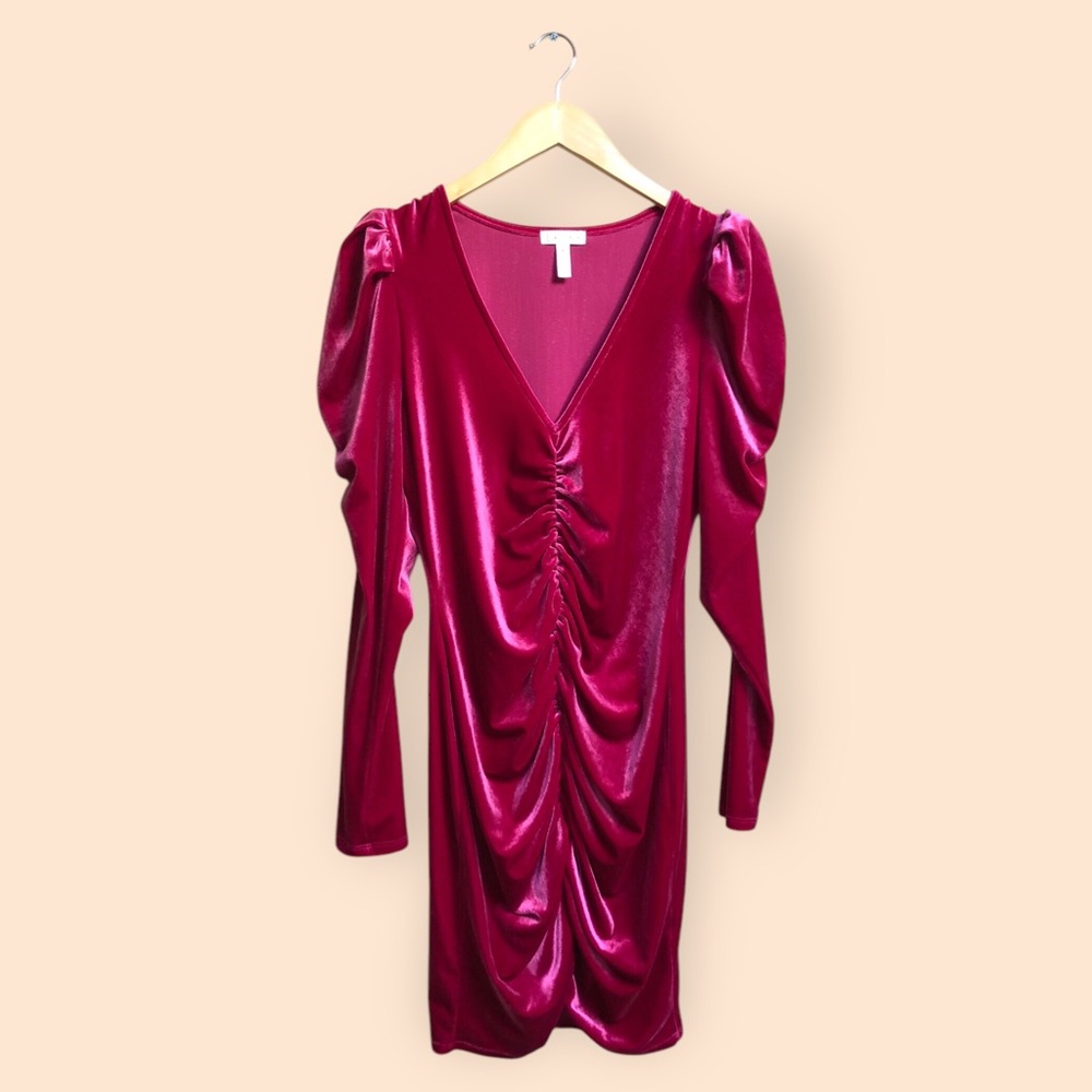 LEITH Pink Velour Ruched Long Sleeved Mini Dress Puff Sleeve Velvet Women’s M